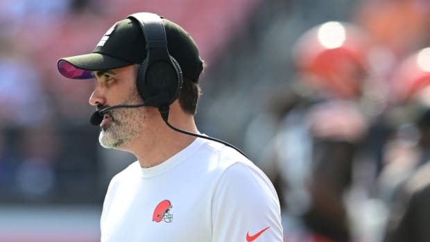 Oct 1, 2023; Cleveland, Ohio, USA; Cleveland Browns head coach Kevin Stefanski watches from the sidelines during the second half against the Baltimore Ravens at Cleveland Browns Stadium. Mandatory Credit: Ken Blaze-USA TODAY Sports